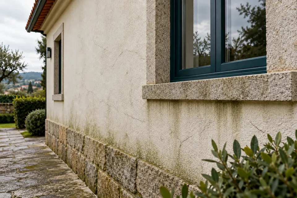 Fachada com manchas e pequenas fissuras no revestimento