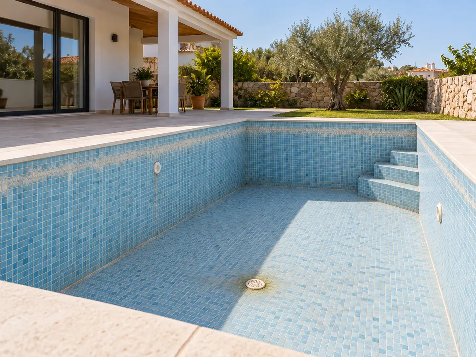 Piscina vazia com revestimento de mosaico e juntas visíveis — superfície por preparar