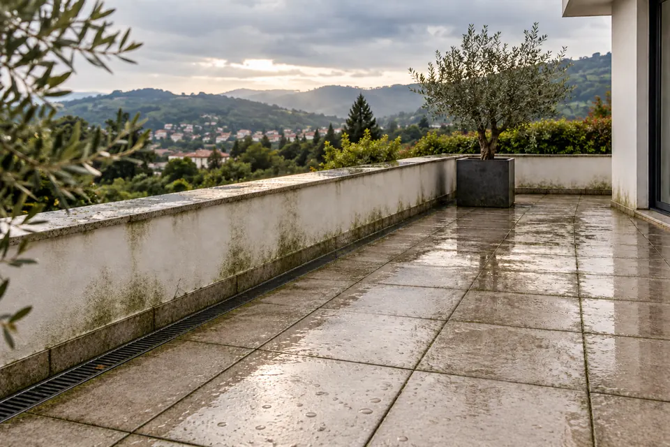 Terraço com juntas e encontros marcados pelo tempo