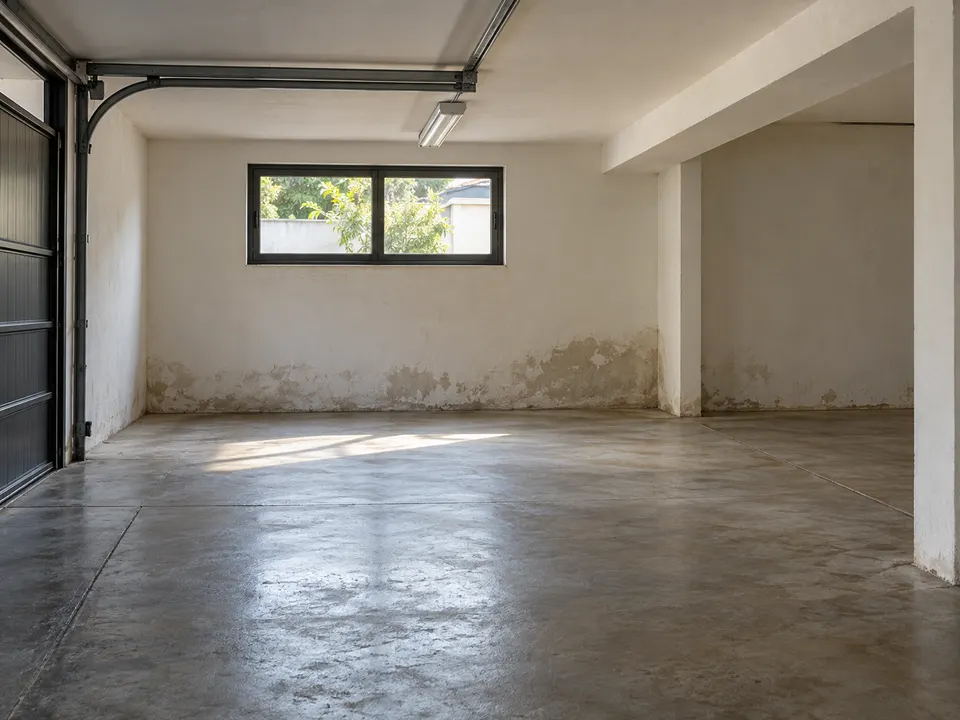 Garagem em cave com parede e pavimento de betão