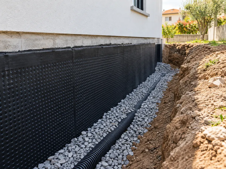 Parede de fundação com proteção impermeabilizante junto ao terreno