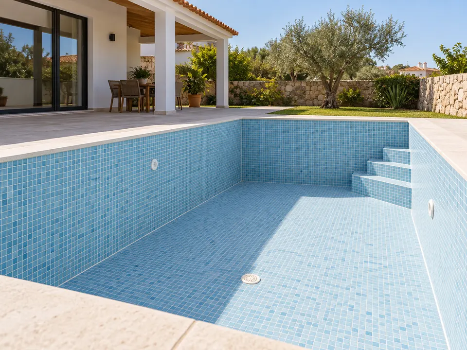 Piscina vazia com revestimento de mosaico e juntas visíveis