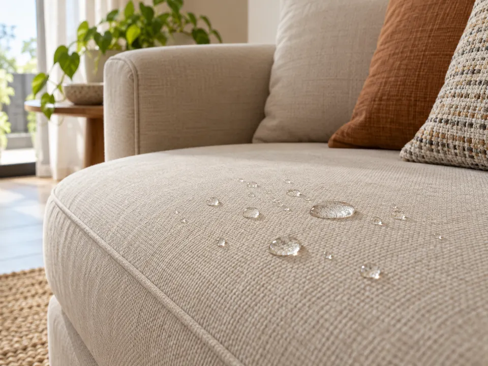 Tecido de sofá com pequenas gotas de água à superfície