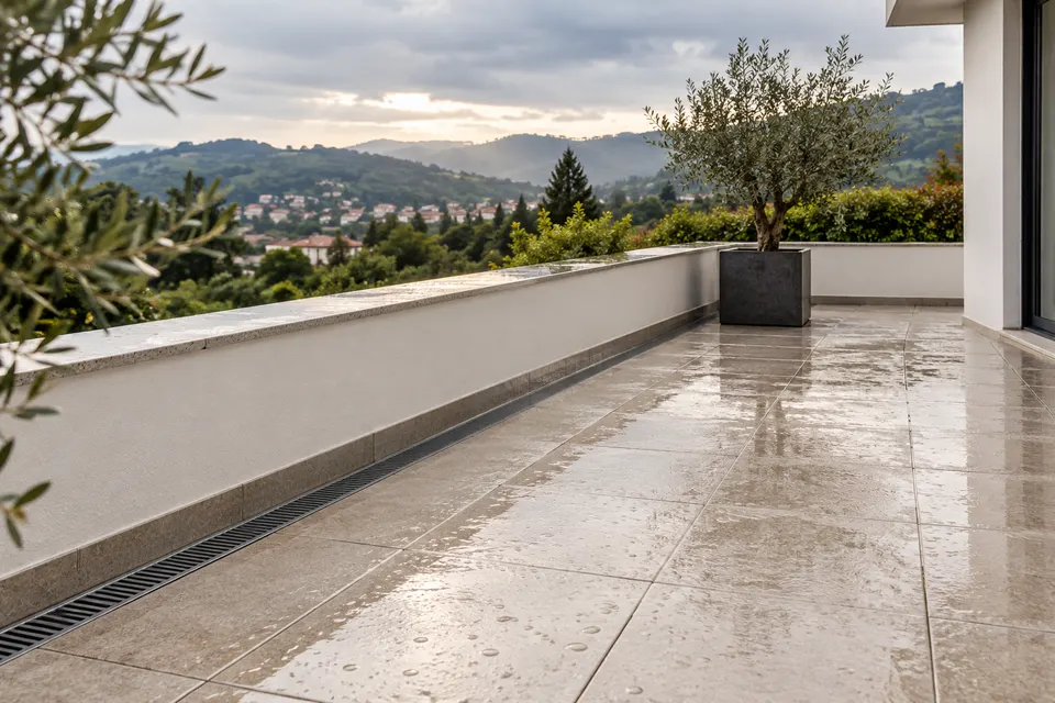 Terraço pavimentado com ralo e encontros junto às paredes