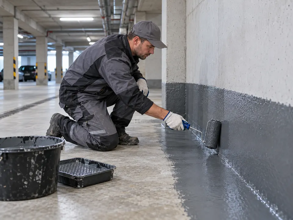 Técnico a aplicar revestimento numa parede de garagem em cave