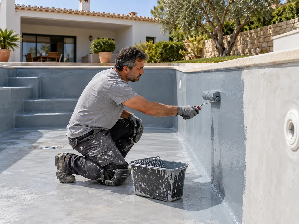 Técnico a aplicar revestimento impermeabilizante numa piscina vazia