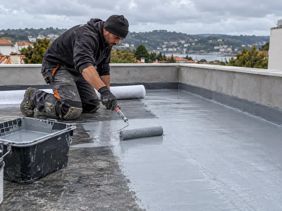 Técnico a aplicar revestimento impermeabilizante numa cobertura plana