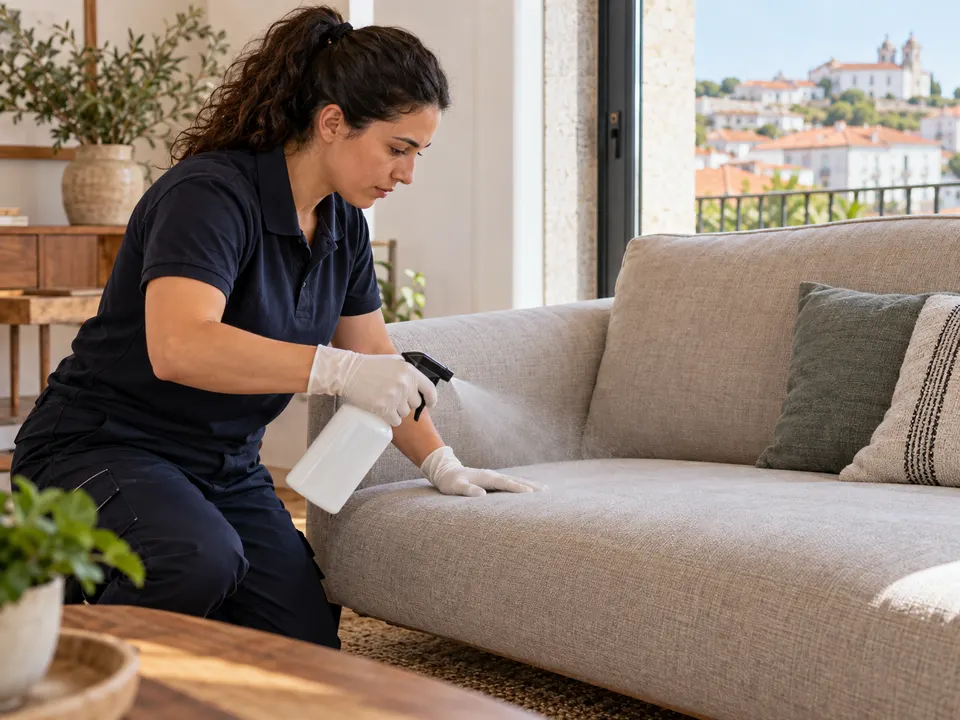 Profissional a aplicar proteção têxtil num sofá